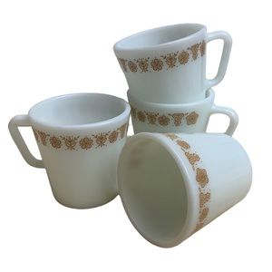 VTG 1970’s PYREX Milk Glass Gold Butterfly Pattern Coffee Cups D-Handle Mugs